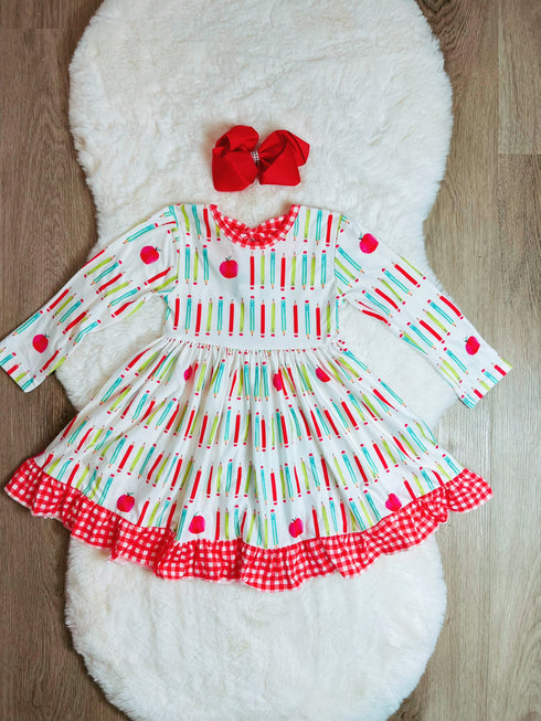 Bowtism Girls School Apple Pencil Layered Twirl Dress with Matching Bow - Bowtism